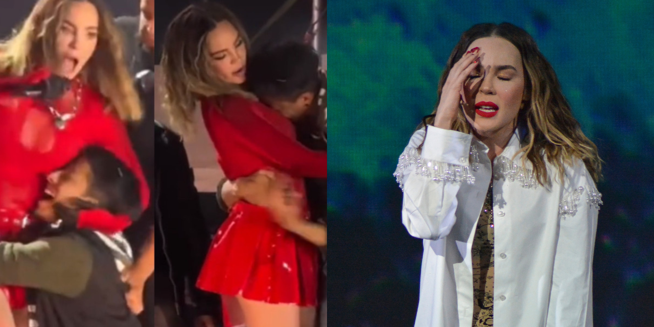 ¡Vaya susto! Fan se subió al escenario y no soltaba a Belinda